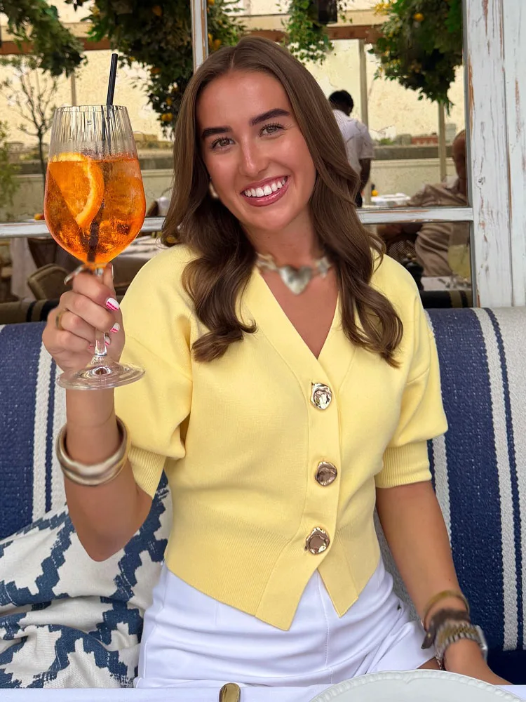 

HH Women Fashion Versatile Yellow Solid Single Breasted Long Sleeve Top Female Simple Casual V-Neck Knitted Cardigan Sweater