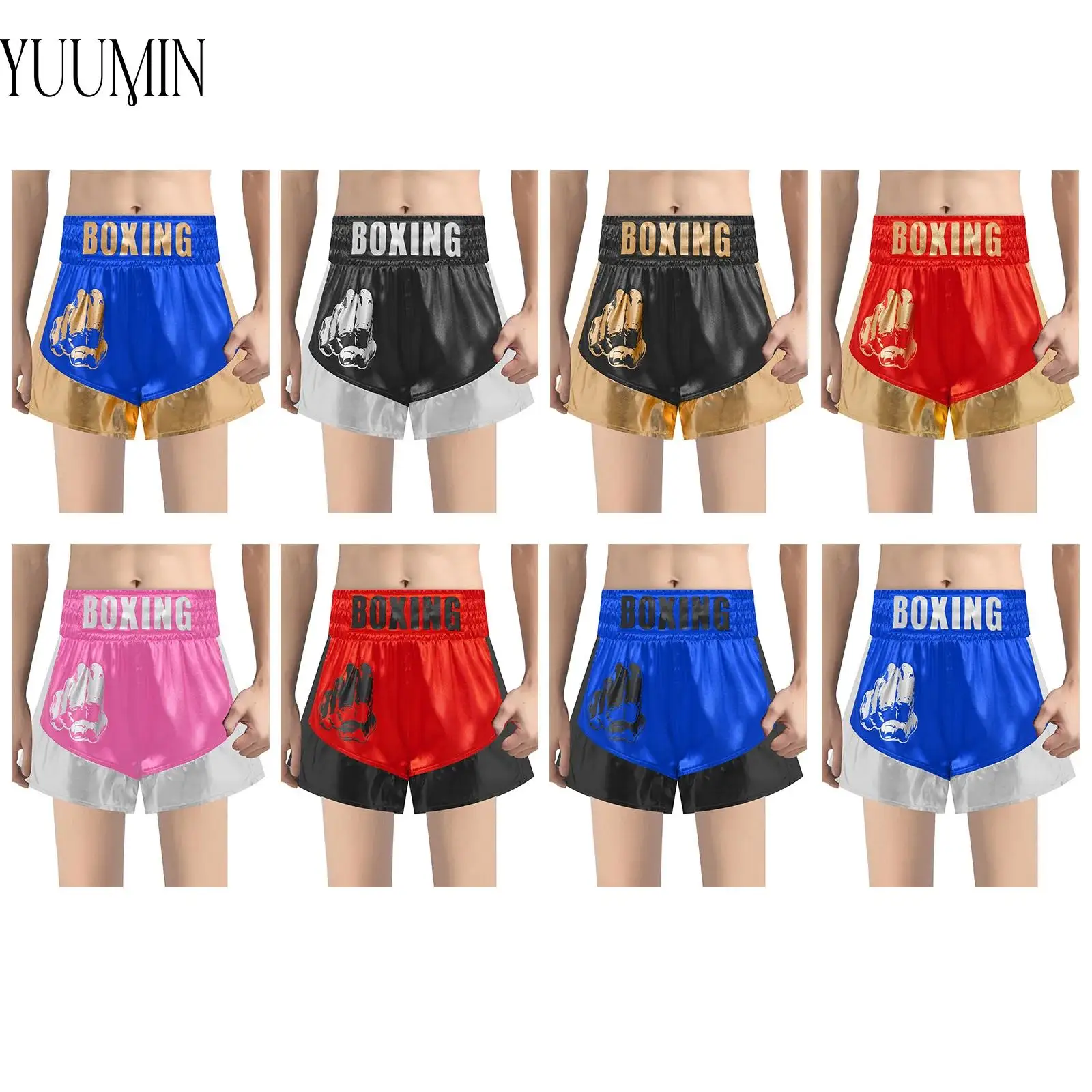 

Muay Thai Shorts for Kids Boys Metallic Color Block Satin Boxing Shorts Wide Elastic Waistband Sides Slit Boxer Training Trunks