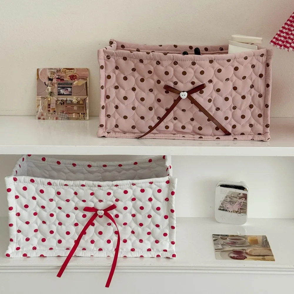 Large Polka Dot Quilted Rectangular Storage Bin Heart Polka Dot Desk Organizer Box Quilted Storage Basket for Office Home