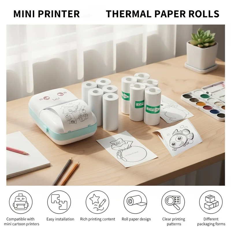 5 Rolls Adhesive & 5 Non-Adhesive Thermal Paper 57x25mm White, No-Ink Printing, Ideal Gift for Study Notes, Photos & Memos