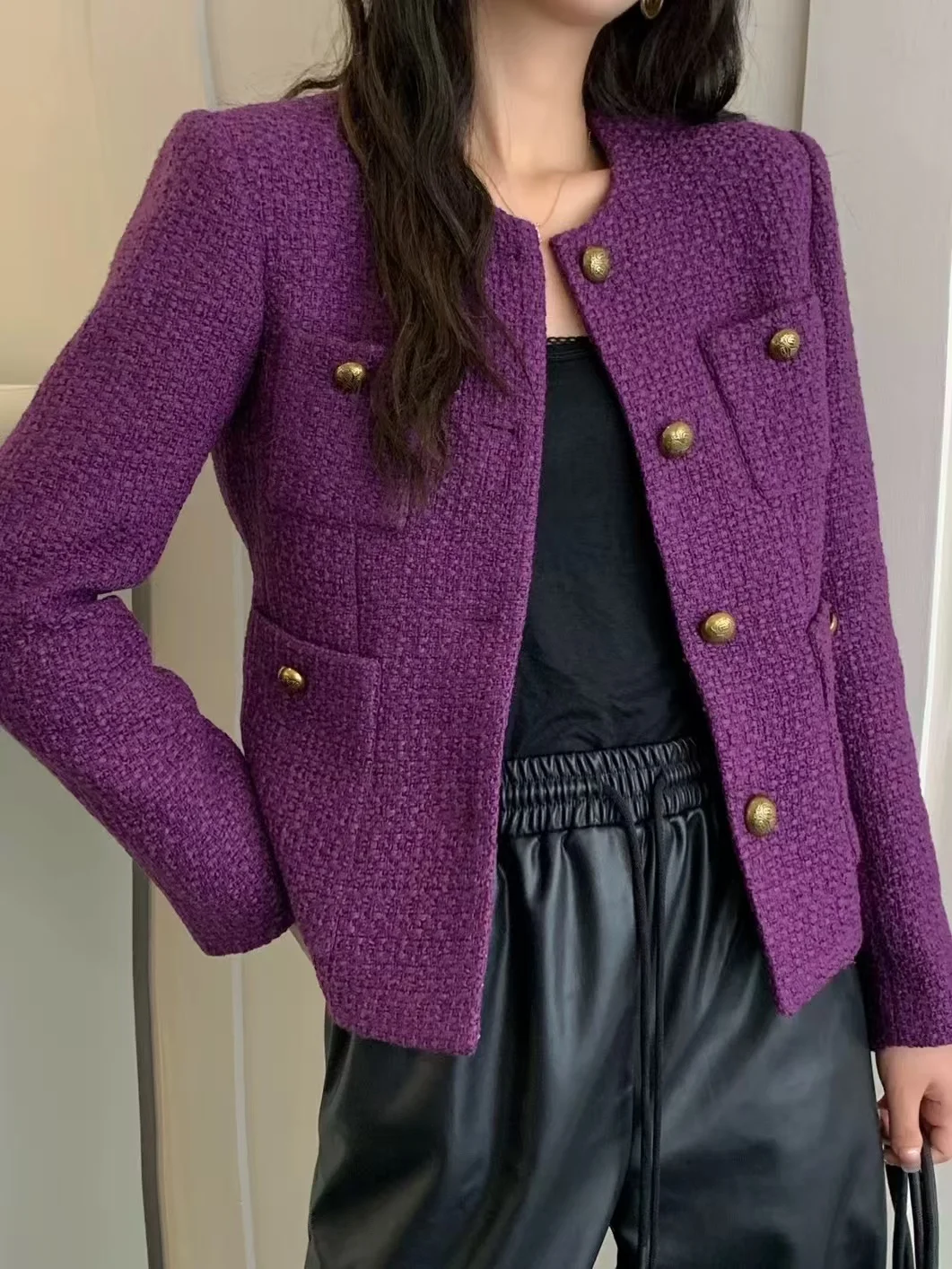 Classic Autumn Winter Purple Tweed Weave Pockets Outwear New Small Fragrant Women Round Collar Golden Buttons Woolen Jacket Coat