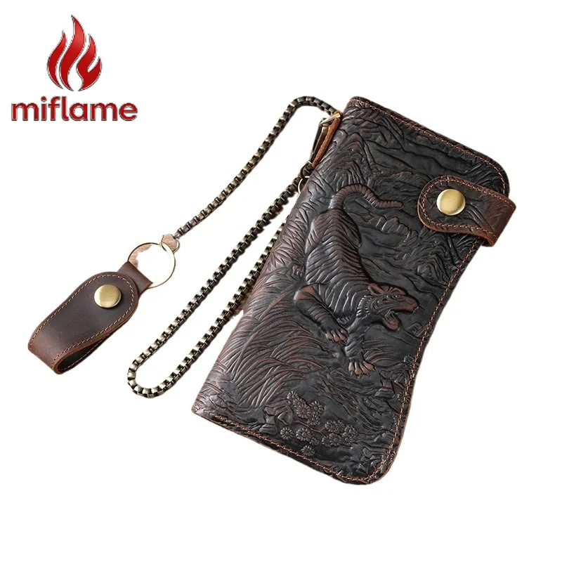 

Men's Genuine Leather Long Wallet with Chain Anti Theft Embossed Chinese Dragon Tiger Pattern Vintage Retro Clutch
