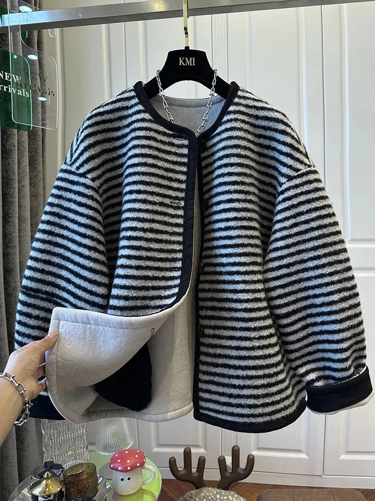 

Винтажные полосатые теплые пальто женские Y2K корейские свободные повседневные куртки с круглым вырезом в стиле Харадзюку в стиле пэчворк однобортные универсальные верхняя одежда новые