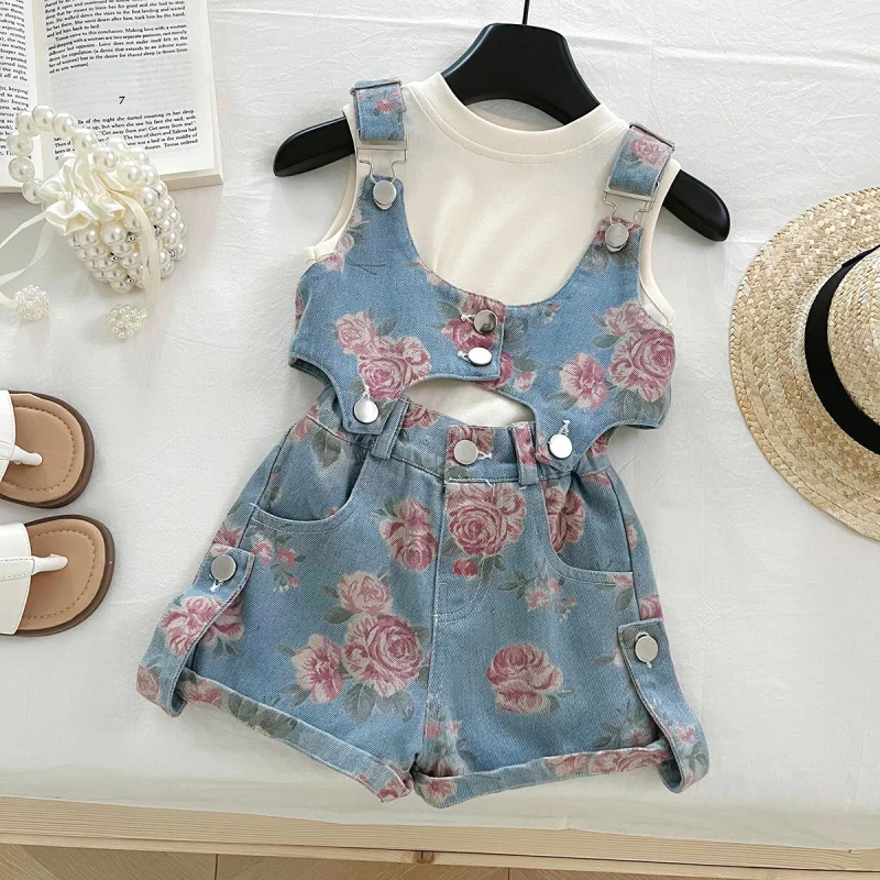 

2025Summer New Rose Flower Strap Denim Jumpsuit SleevelessTCute Baby T-Shirt Three-Piece Set