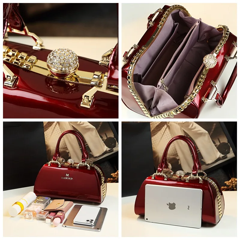 Glossy Patent Leather Handbag For Women Crossbody Bag Top Handle Tote Evening Shoulder Wedding Satchel Retro Purse