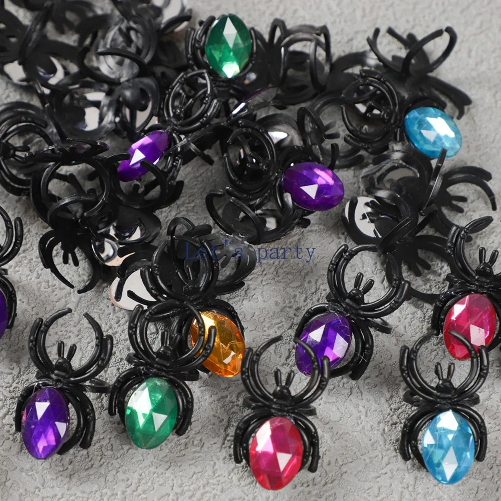 30Pcs Novelty Halloween Plastic Gemstone Spider Ring Toys for Kids Birthday Halloween Party Favors Goodie Bag Pinata Fillers