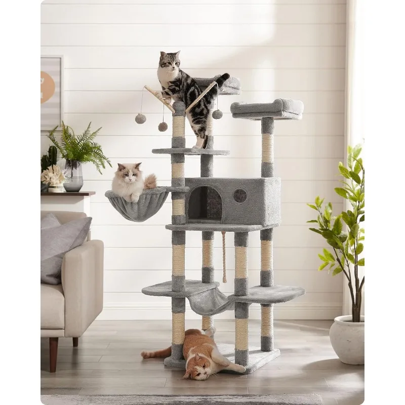 Cat Tree, Large Cat Tower, 64.6 Inches,  Activity Center with Hammock, Basket, Removable Fur Ball Sticks,   Condo,