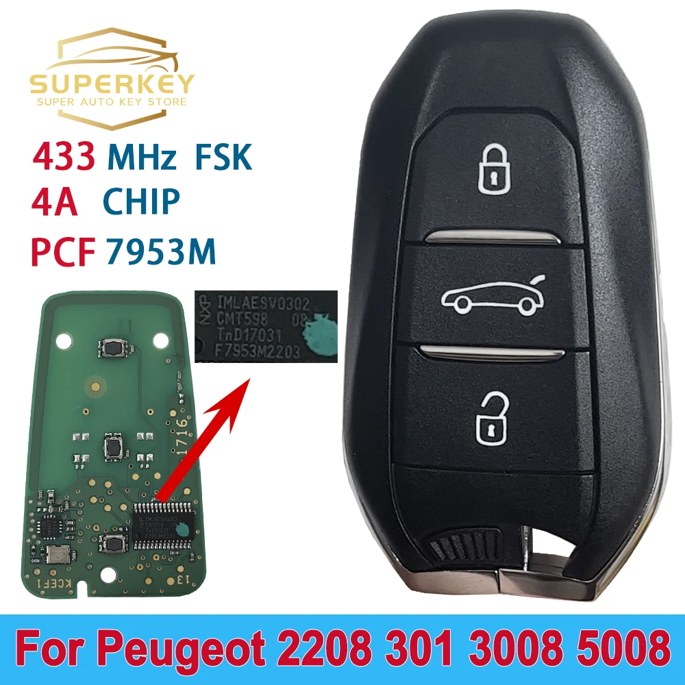 SUPERKEY OEM Shell Smart Remote Car Key Newest 3 Buttons For Peugeot 208 301 3008 5008 Keyless Go Traveler Expert 4A Chip 433MHz