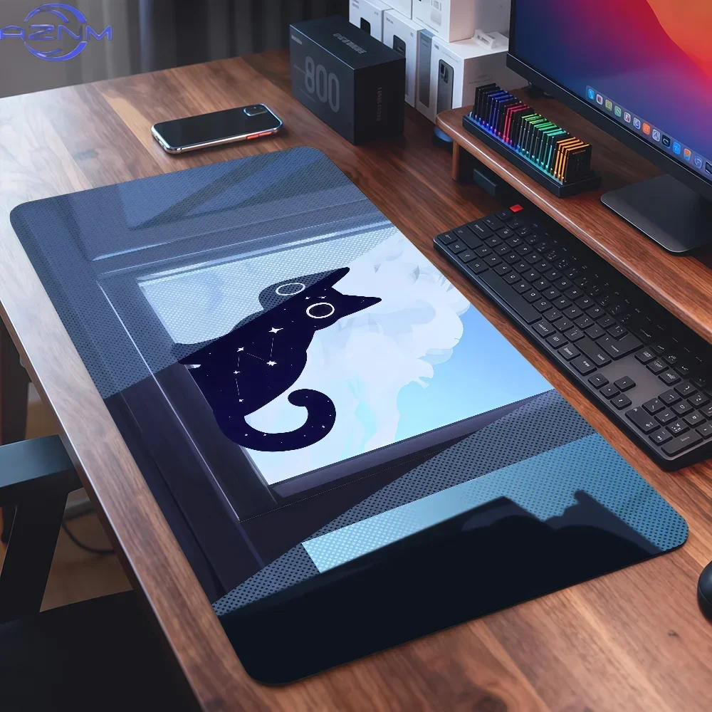 Black Cat Silhouette Window Scene Large Mouse Pad, Blue Sky Cloud Non-Slip Lock Edge Desk Mat