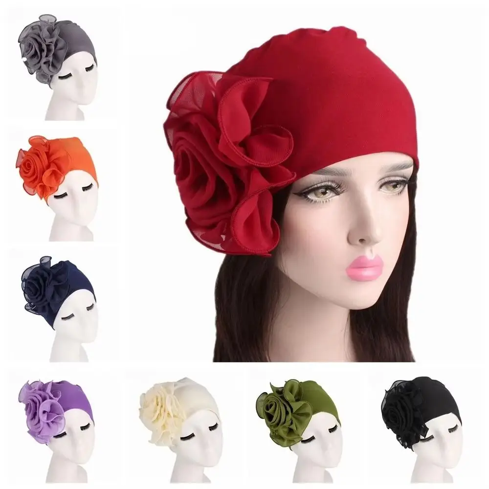 Big Flower Women's Turban Cap One Size Elastic Head Wrap Cap Solid Color Comfortable Side Flower Ramadan Hijab Ladies Hair Cover