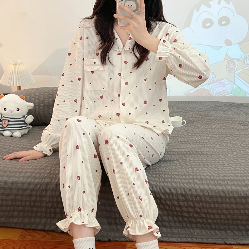 Pajamas Women's Spring New Knitted Cotton Cardigan Small lapel long sleeve 2-piece Korean casual sweet cute home clothes