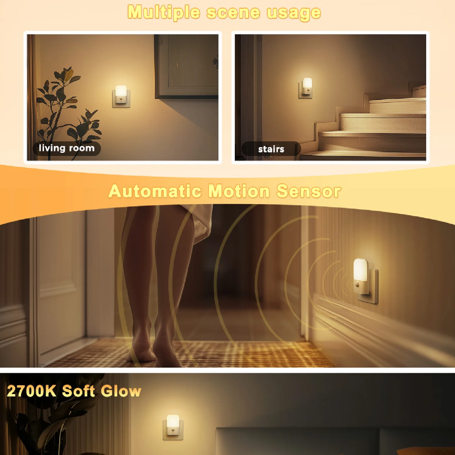 Dimmable Night Light Socket with Motion Sensor Smart Warm White LED Plug-in Night Light Adjustable Brightness