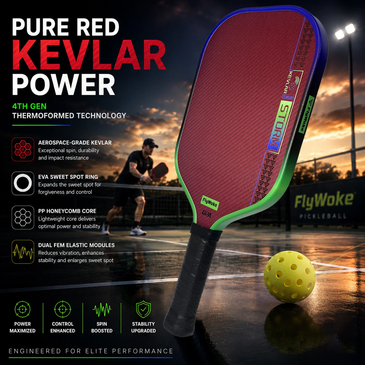 FlyWoke G-4.0 Heat Press Pickleball-Schläger mit EVA-Energierring, TPE-Elastikmodul, Kevlar-Material, hoher Elastizität und hoher Reibung – Detail 6