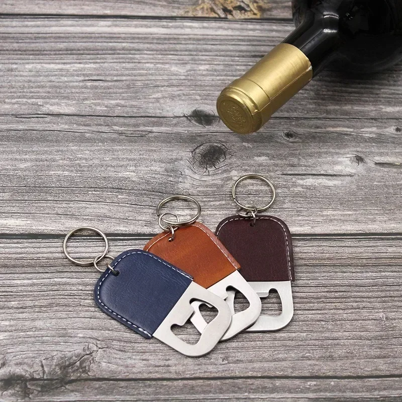 Custom LOGO PU Leather Bottle Opener Keychain Beer Convenient Outdoor Bag Car Key Chain Stainless Steel Vintage Keyring Gifts