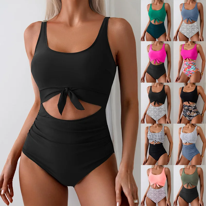 Ruched Tie-Knot Tummy Control One-Piece Swimsuit Patchwork Printing Women Bandage High Waist Vacation Beach Resort Bathing Suit