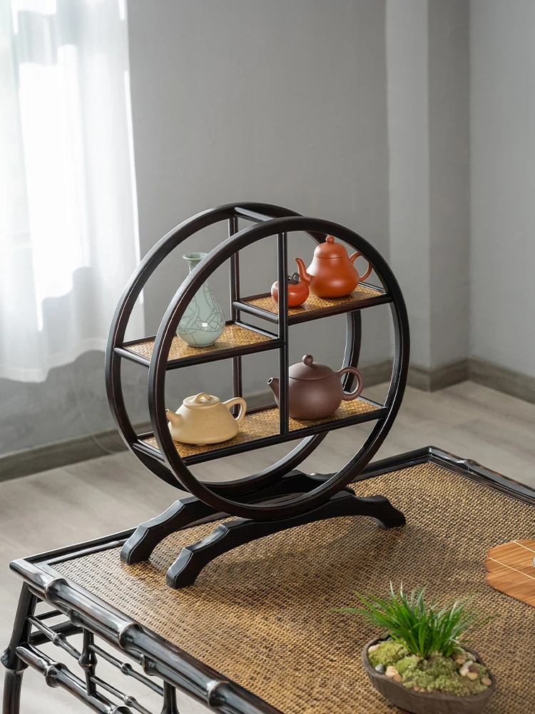 Desktop Round Bo Ancient Frame Tea Room Purple Clay Pot Crafts Display New Chinese High end Storage Rack