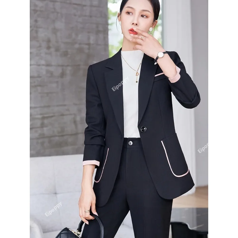 2024 New Khaki Black Beige Women Pant Suit Ladies Blazer e pantaloni donna formale lavoro aziendale 2 pezzi Set con tasca