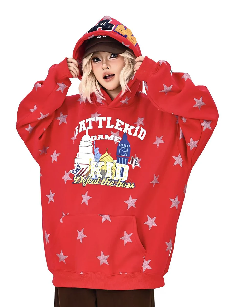 

Свободная женская толстовка с принтом звезд, парный топ, весна 2026, новинка, корейский стиль, в студенческом стиле, свободный крой, теплая, с длинными рукавами, круглый вырез