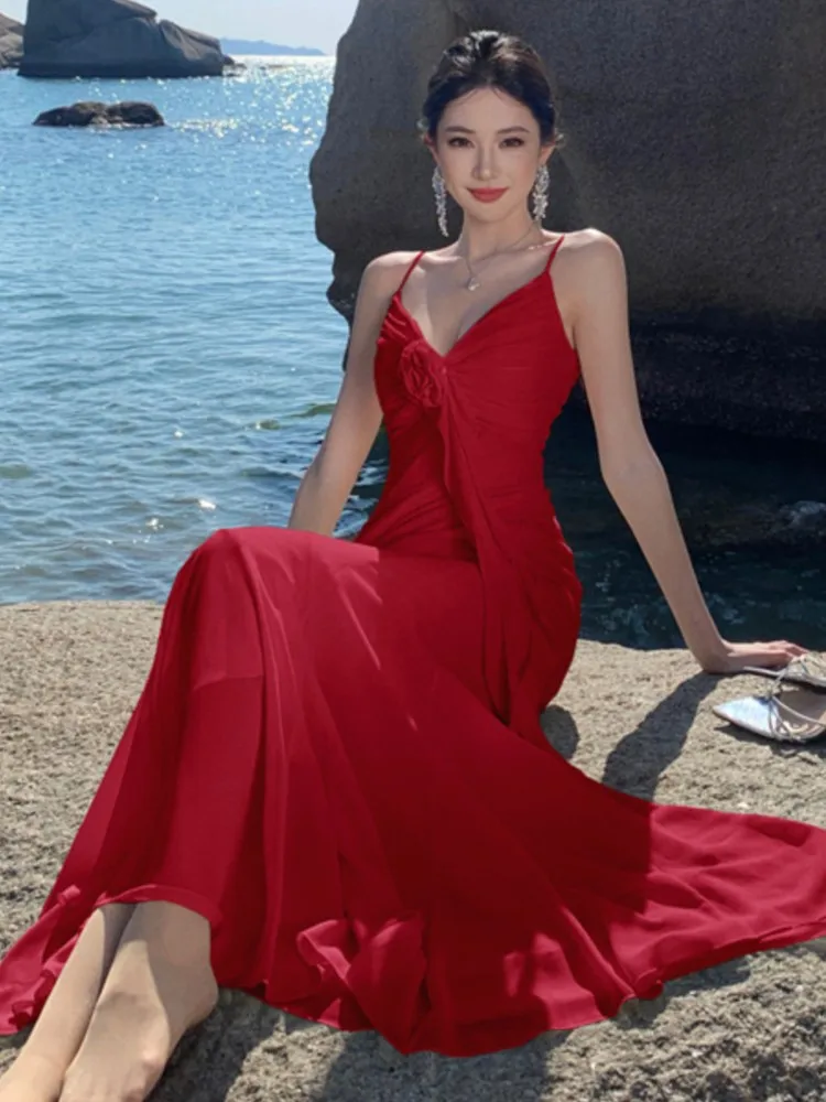 

Women's Red Evening Party Dress Sexy Spaghetti Strap Flower Slim Beach Dresses Elegant V-neck A-line Wedding Prom Robe Vestidos