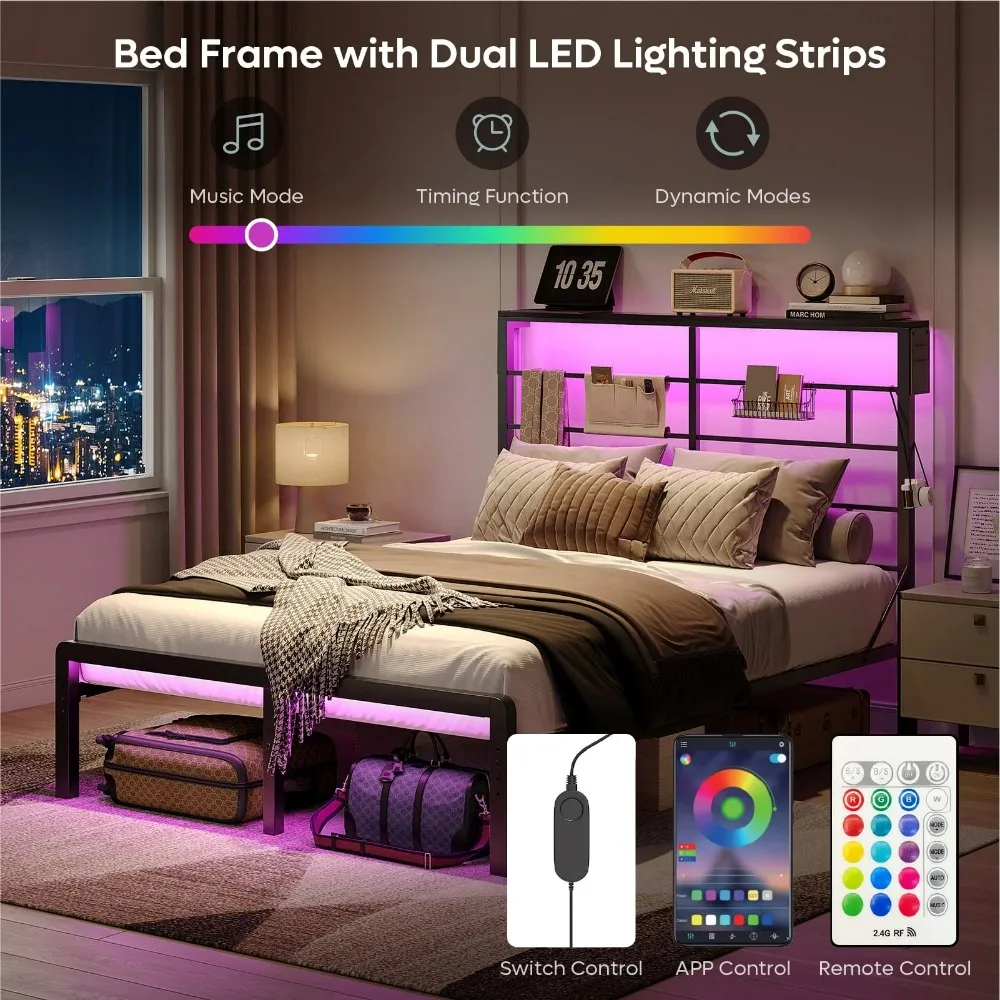 Queen Size Metal Platform Bed Frame with LED Headboard & Charging Station, Adjustable Under Bed Storage, RGB Light Strips, Beds image 2