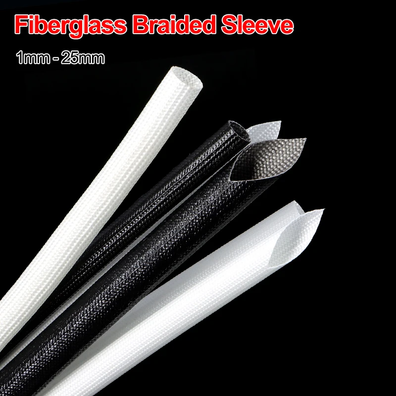 2/5/10m Black White 200°C Fiberglass Sleeve Diameter 1mm - 25mm High Temperature Silicone Resin Coated Glass Fiber Tube Sleeving