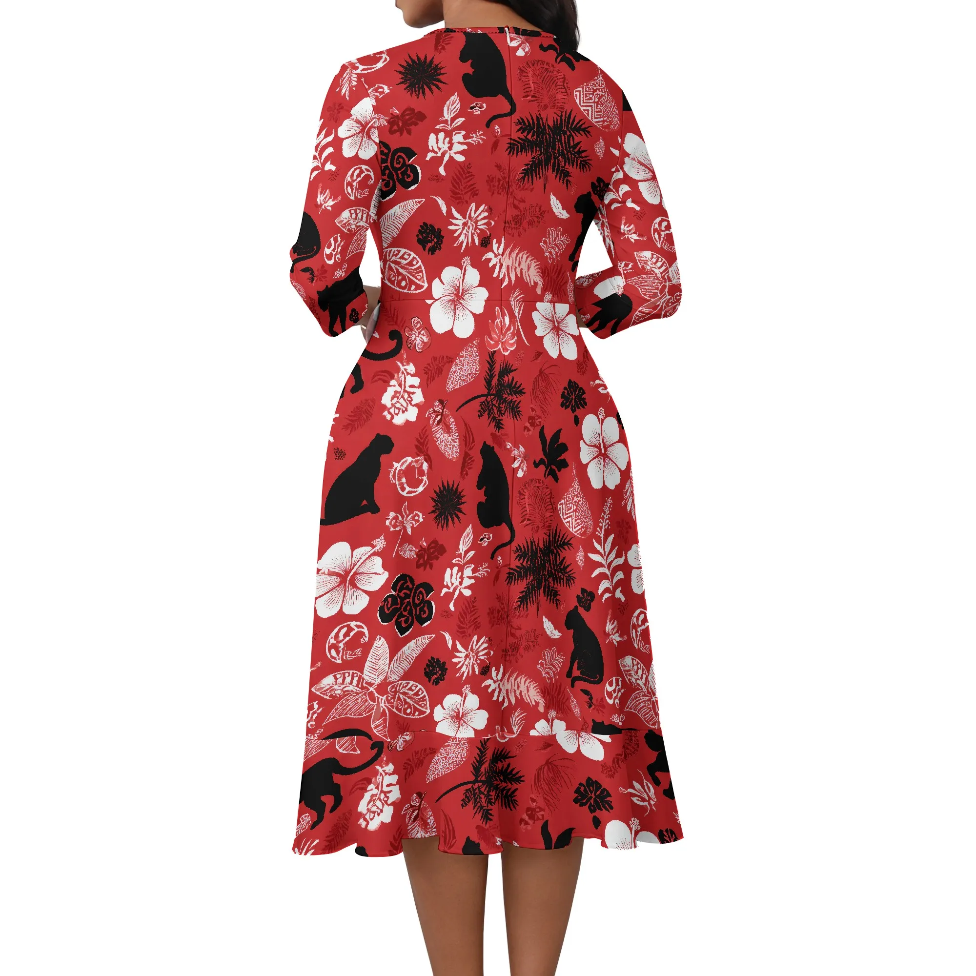 ผู้หญิงชุดลําลอง 3/4 Sleeve Floral พิมพ์ Sundress Club Party ชุด Plus ขนาดเซ็กซี่ชุด Midi พร้อมกระเป๋า