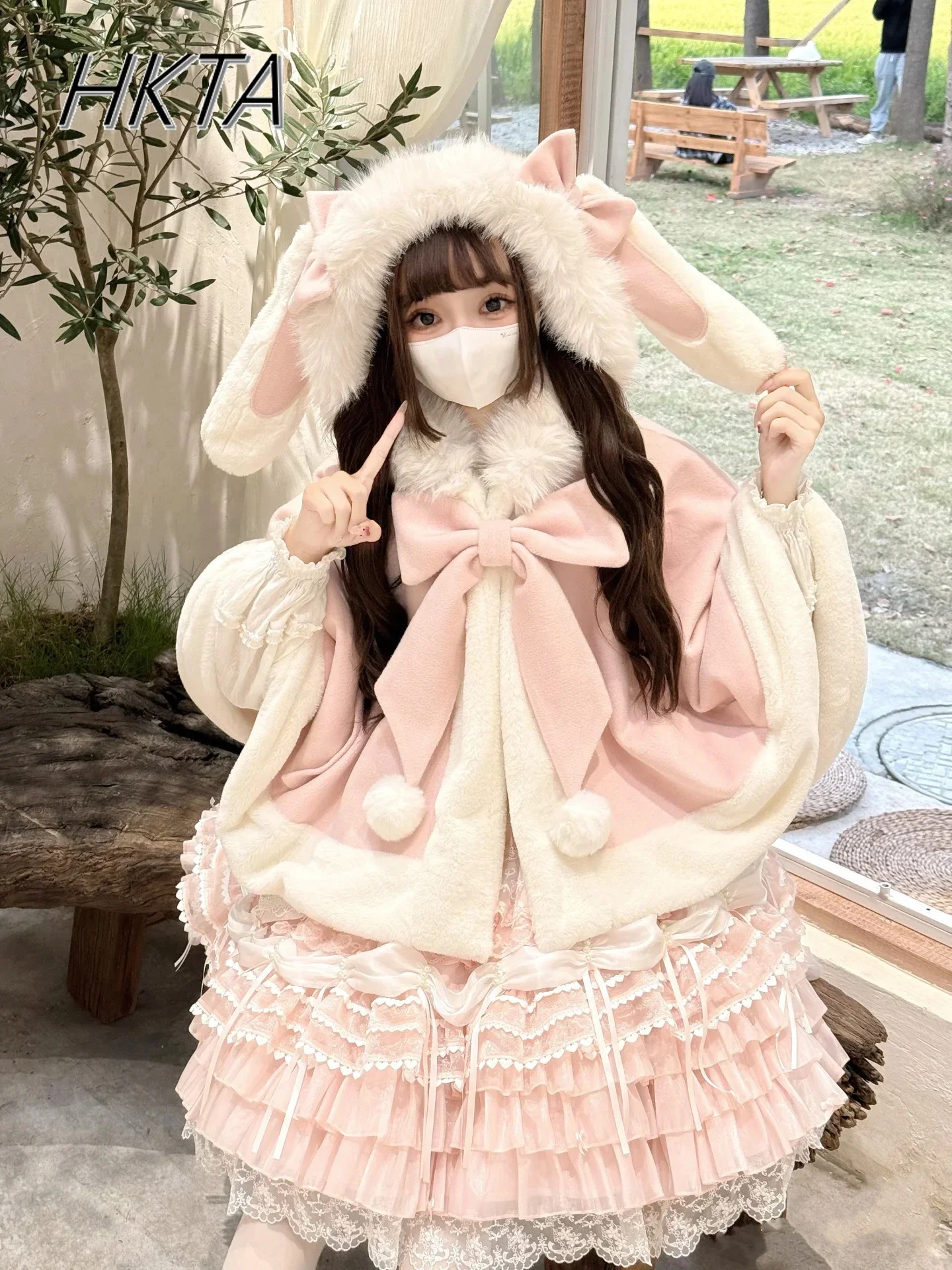 Lolita Original New Cute Sweet Bow Woolen Coat Shawl Women 2024 New Winter Versatile Cloak Coat Can Matched with Suspender Dress