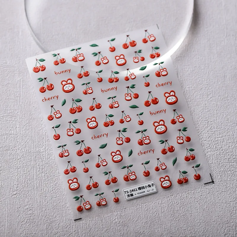 Cute Rabbit Green Red Cherry 5D Embossed Relief Self Adhesive Nail Art Sticker Lovely Bunny Strawberry 3D Manicure Delicate Gift