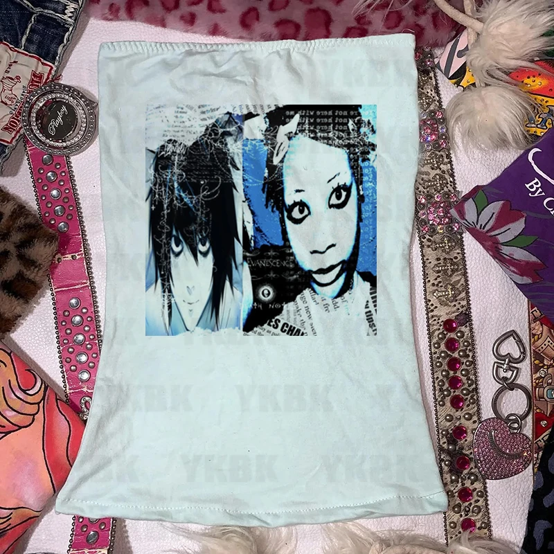 Vintage Y2k Print Baby Vest Strap WOMEN Anime Punk 90s Sexy Corset Hot Girl Retro Cool Girl Gothic Fashion Vest Sleeveless Emo