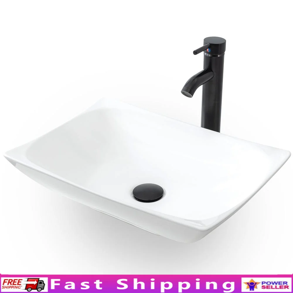 Ceramic Bathroom Sink Bowl White Curved Vessel & Faucet Combo Countertop ORB Pop Up Drain Water Save Installation Self-Elegant