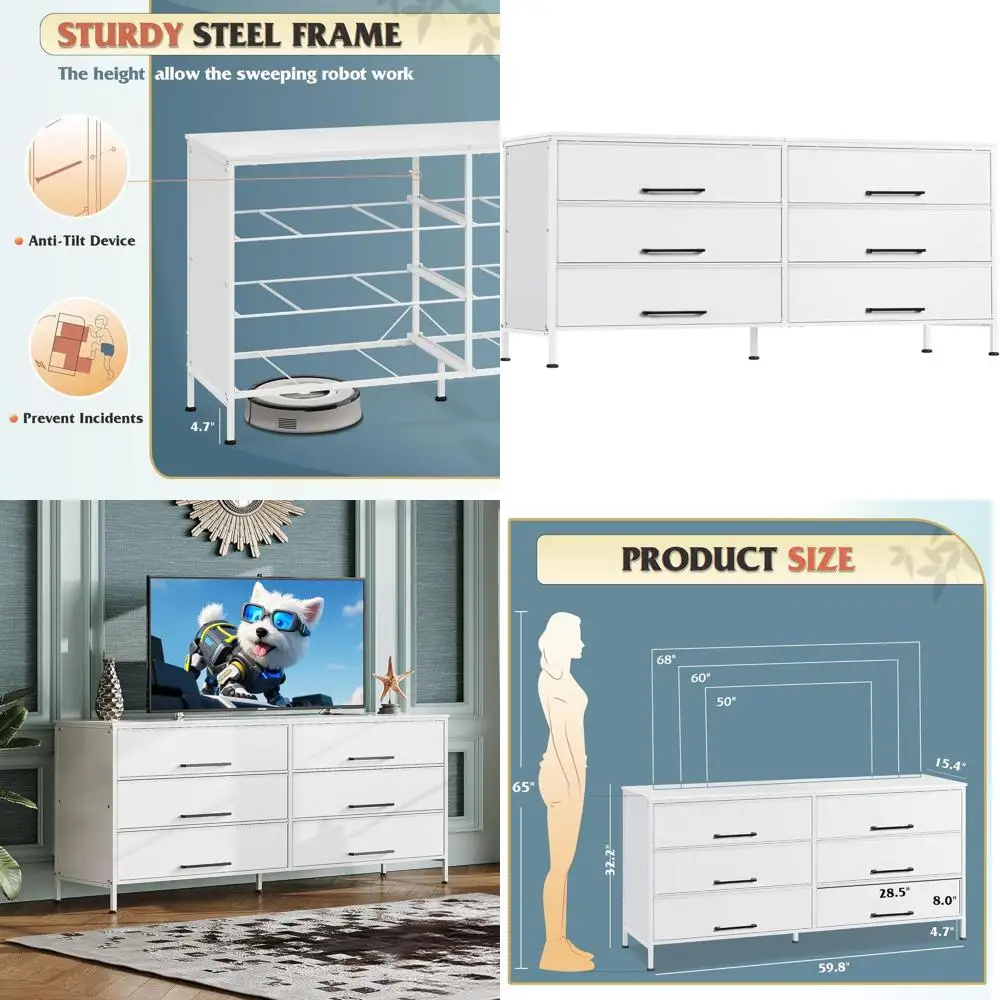 

60-70 Inch Fabric TV Stand with 6 Drawers, Wood Media Table, Adjustable for Living Spaces