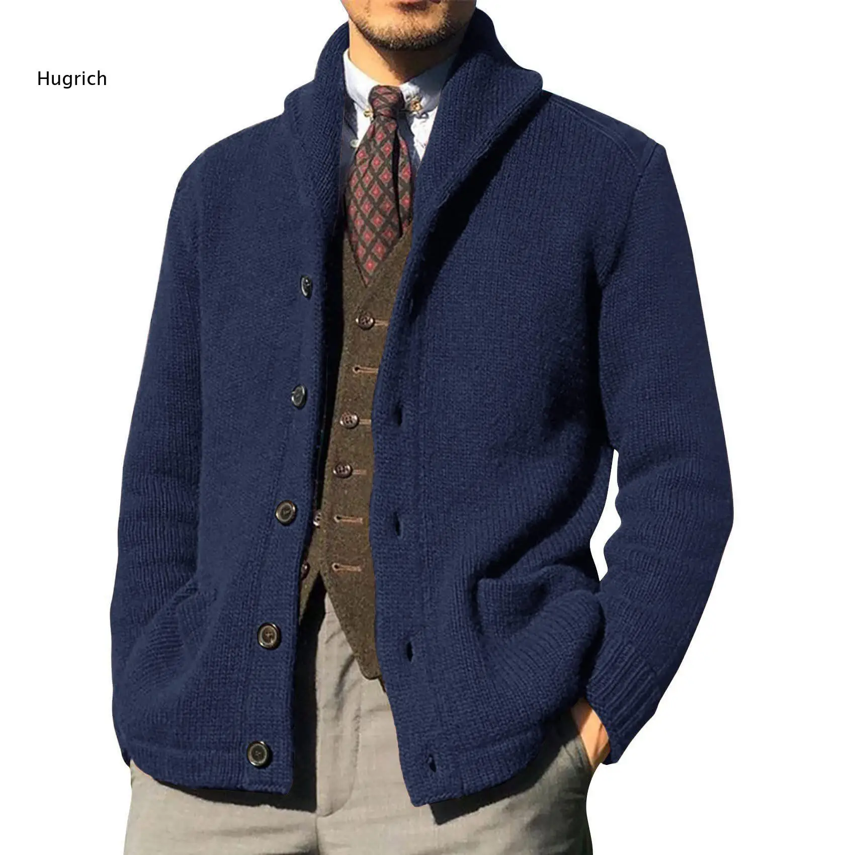 Men Shawl Collar Knit Cardigan Long Sleeve Button Front Knitted Jacket With Side Pockets For Fall Winter Daily Casual Going Out