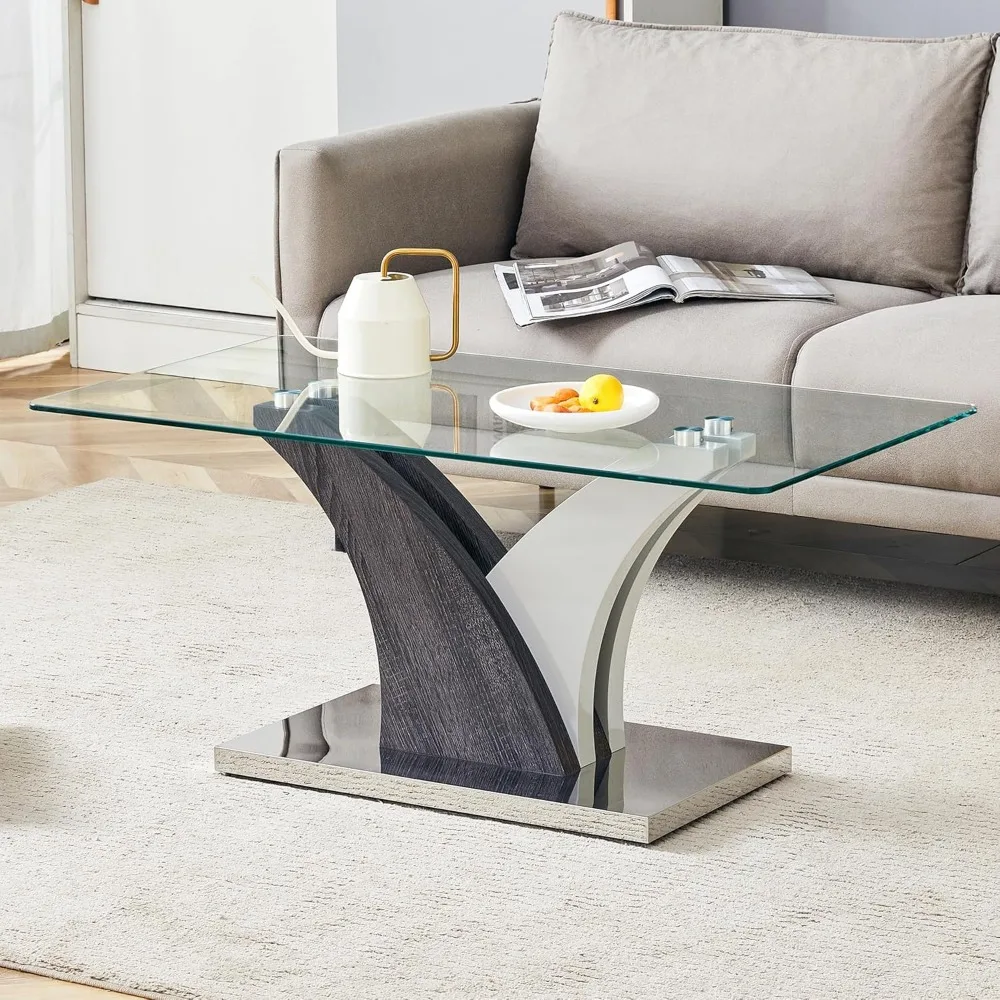 

Glass Coffee Table for Living Room, 39 Modern Clear Center Table, Tempered Glass Living Room Table with Wood Grain T