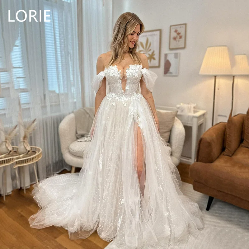 

LORIE A-line Sexy Fairy Tale Fairy 3D Flowers Appliques Wedding Dress Side Split Wedding Gowns Backless Bride Gown Customized