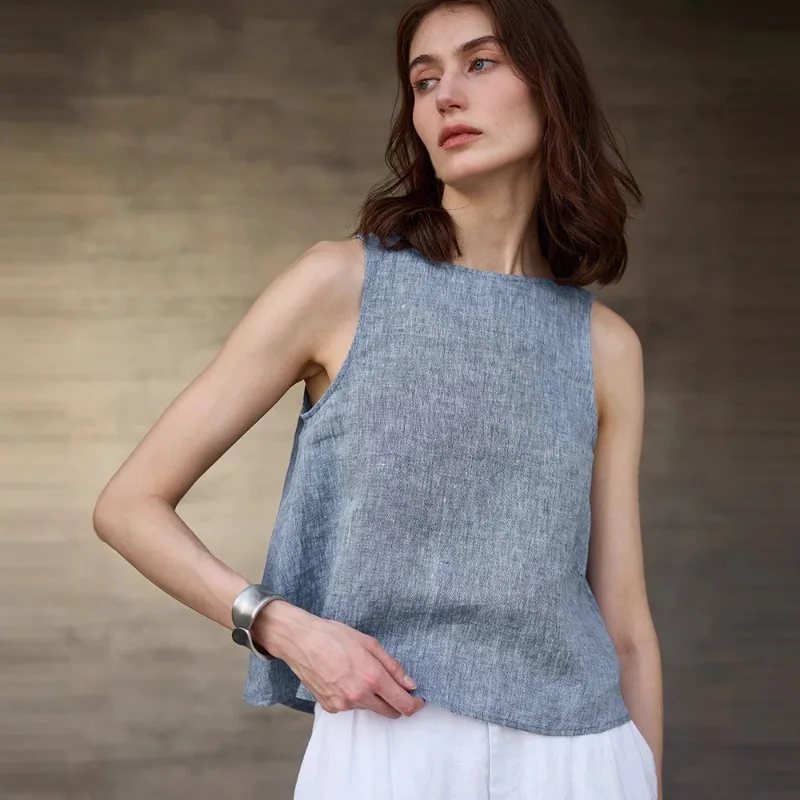 

Pure Linen Double-sided V-neck Tops Women Sleeveless Casual Summer Loose Fashion High Street Comfortable Breathable Female Vest