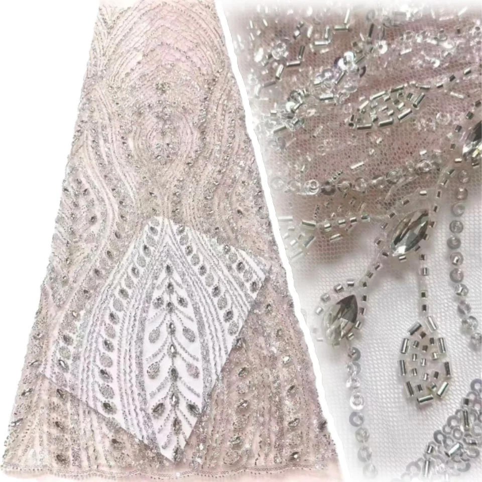

Latest African Handmade Bead Diamond Lace Fabric Luxurious Nigerian Sequin Navy Crystal Beaded Fabrics Lace Wedding Dress 1957