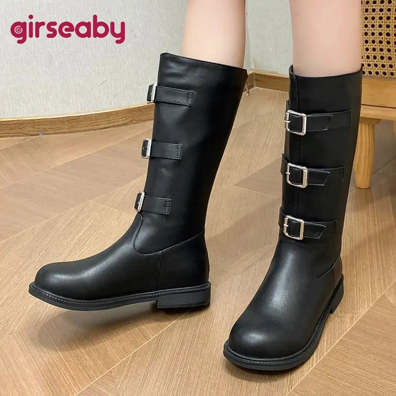

Girseaby/женские сапоги до середины икры в стиле ретро для верховой езды, низкие каблуки, 2 см, круглый носок, молния сзади, пряжки ремня, маленький размер 31-32, зимний стиль
