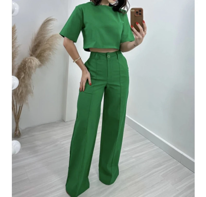 2 Piece Sets Womens Outfits Summer 2024 New Fashionable Short Sleeve Top and High Waist Wide Leg Suit Pants Suit Streetwear