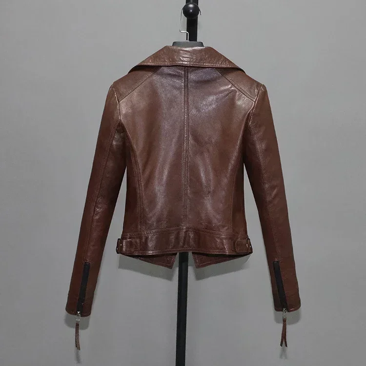 Chaqueta de cuero auténtico para mujer, ropa de piel de cabra curtida vegetal, chaqueta de motocicleta Vintage, Top Delgado, FC