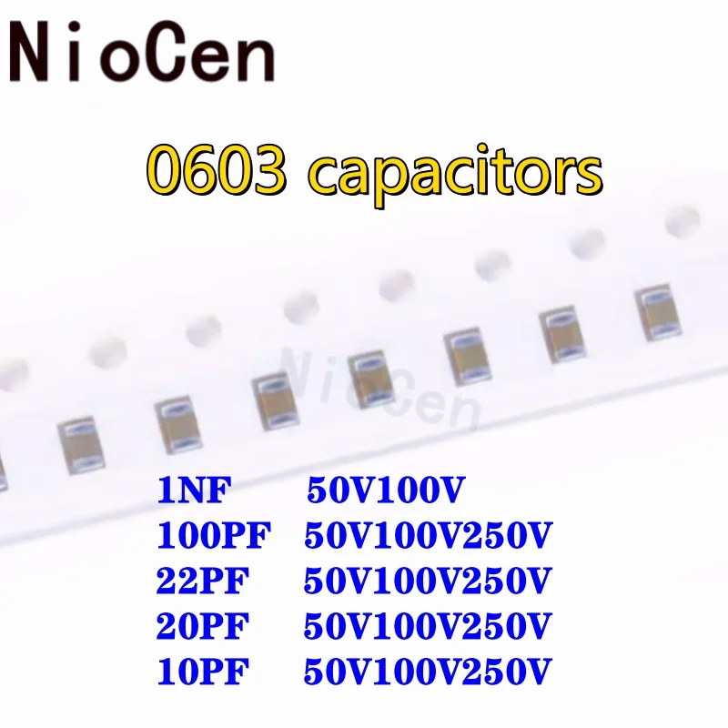 Smdチップマルチレイヤーセラミックコンデンサ、0603、1nf50v100v、100pf50v100v250v、22pf50v100v250v、20pf50v100v250v、10pf50v100v250v、100個