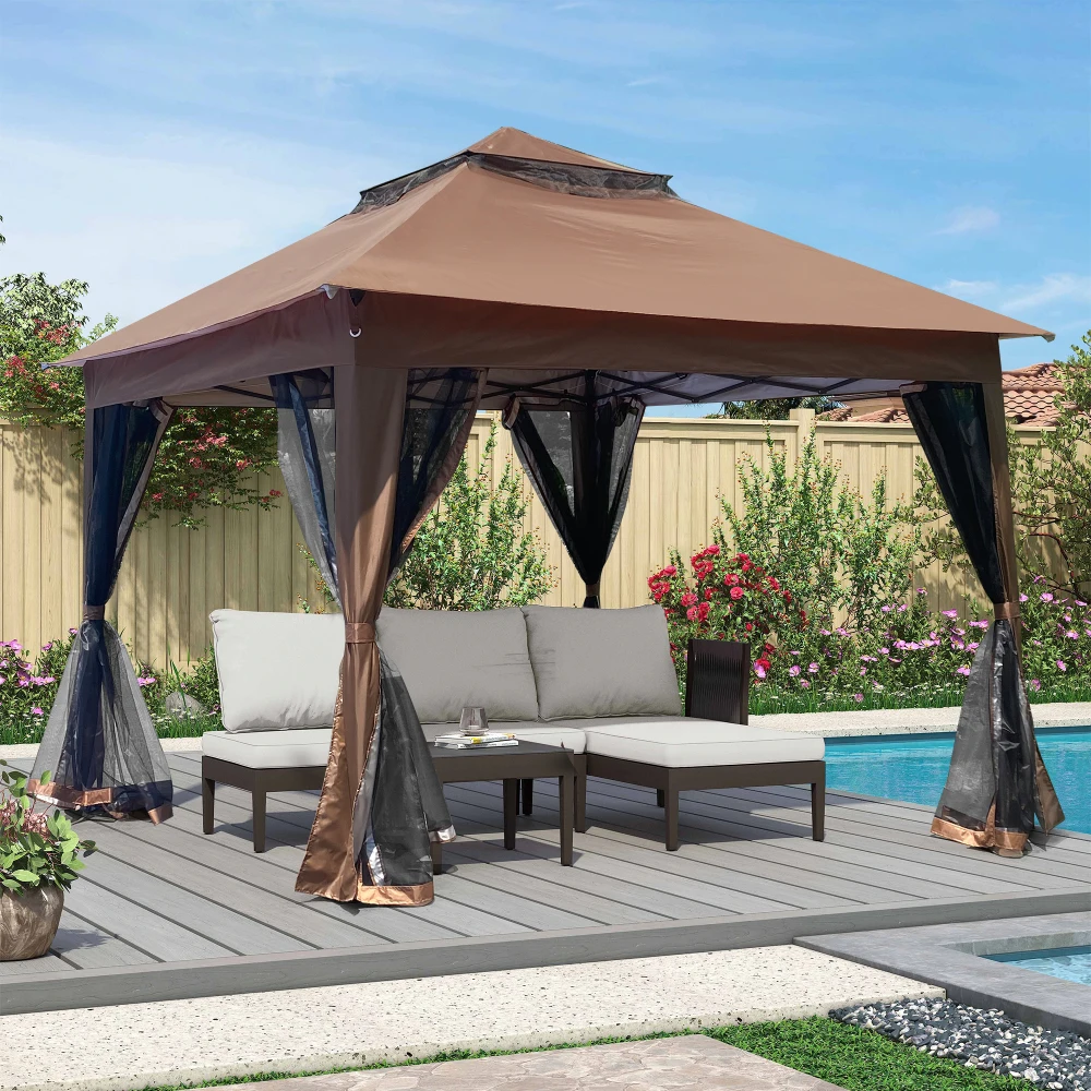 

Sturdy Steel Frame Outdoor 11x11Ft Pop Up Gazebo Canopy Brown 2-Tier Soft Top Removable Zipper Netting 4 Sandbags Patio Backyard
