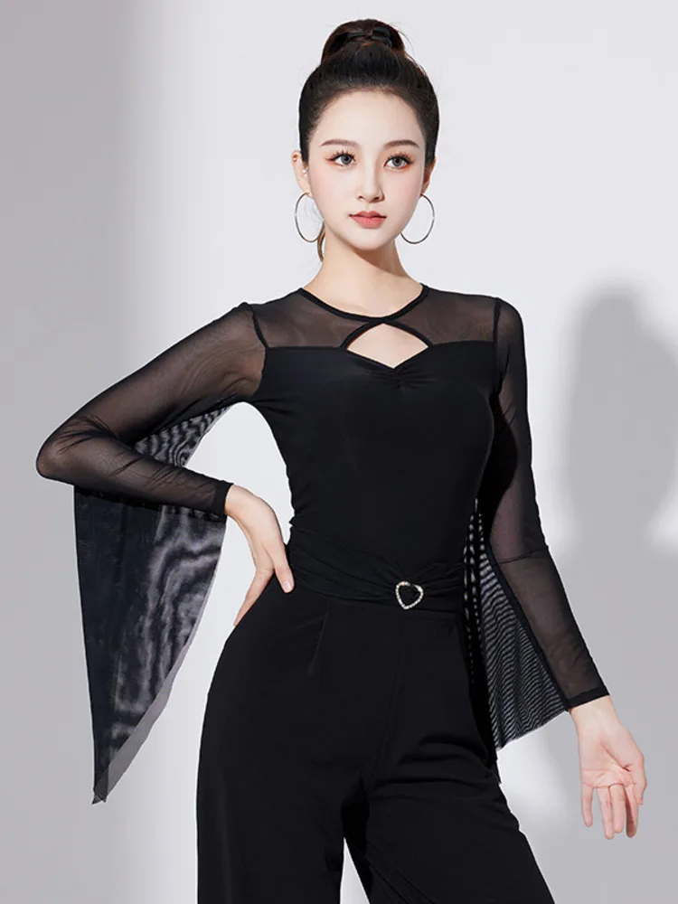 메쉬 패치워크 플레어 슬리브 슬림 롬퍼 – 공연 및 대회를 위한 우아한 모던 댄스 무대 의상 Waltz Adult Top