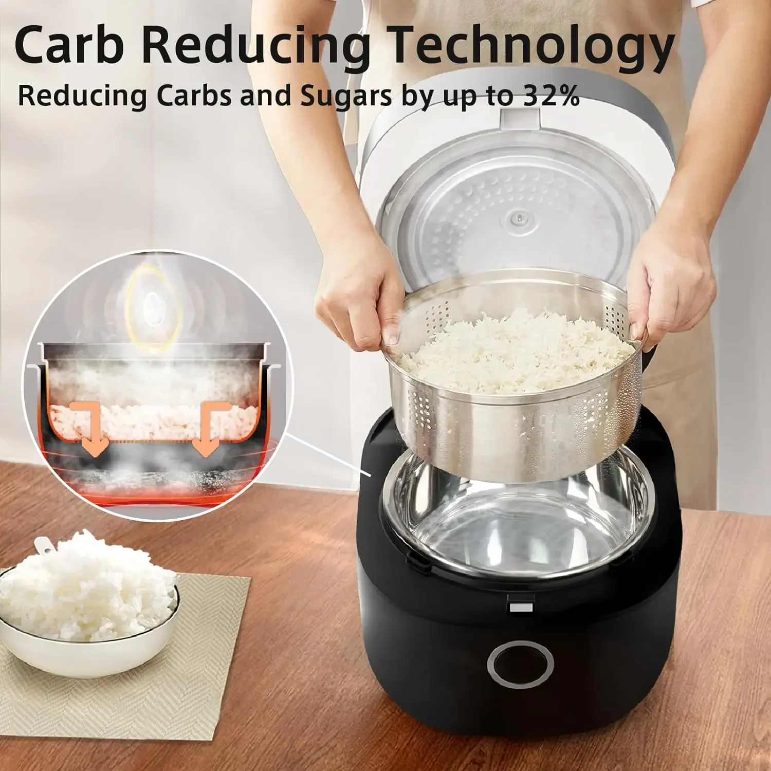 Low Carb Rice Cooker Stainless Steel Inner Pot, Low Carb Large 8 Cup Rice Maker with Steamer Basket, 24H Delay Timer