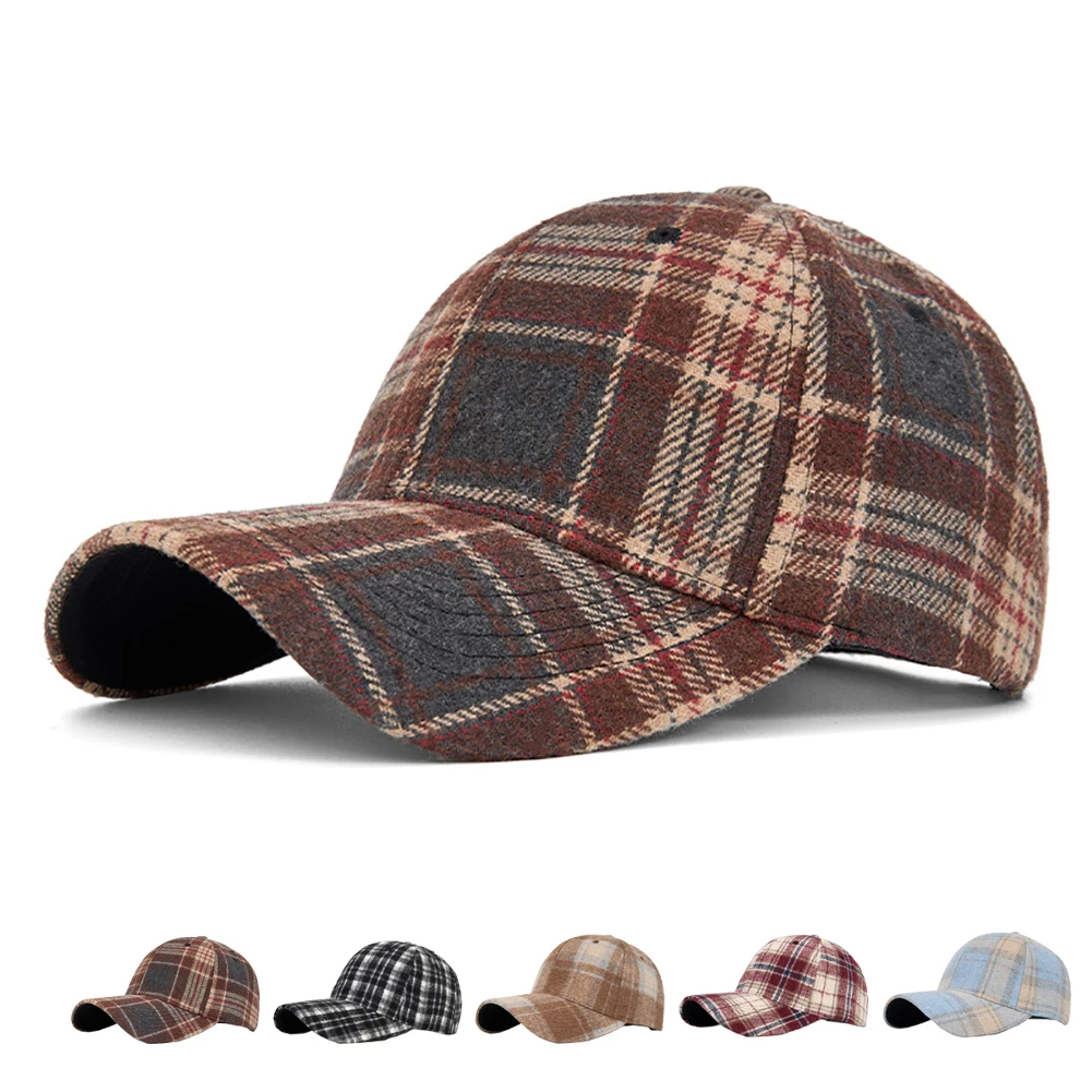 Plaid Baseball Cap for Men Cotton Adjustable for Winter Sunshade Hat Classic Design Pre-Curved Brim Deep Crown Soft Material
