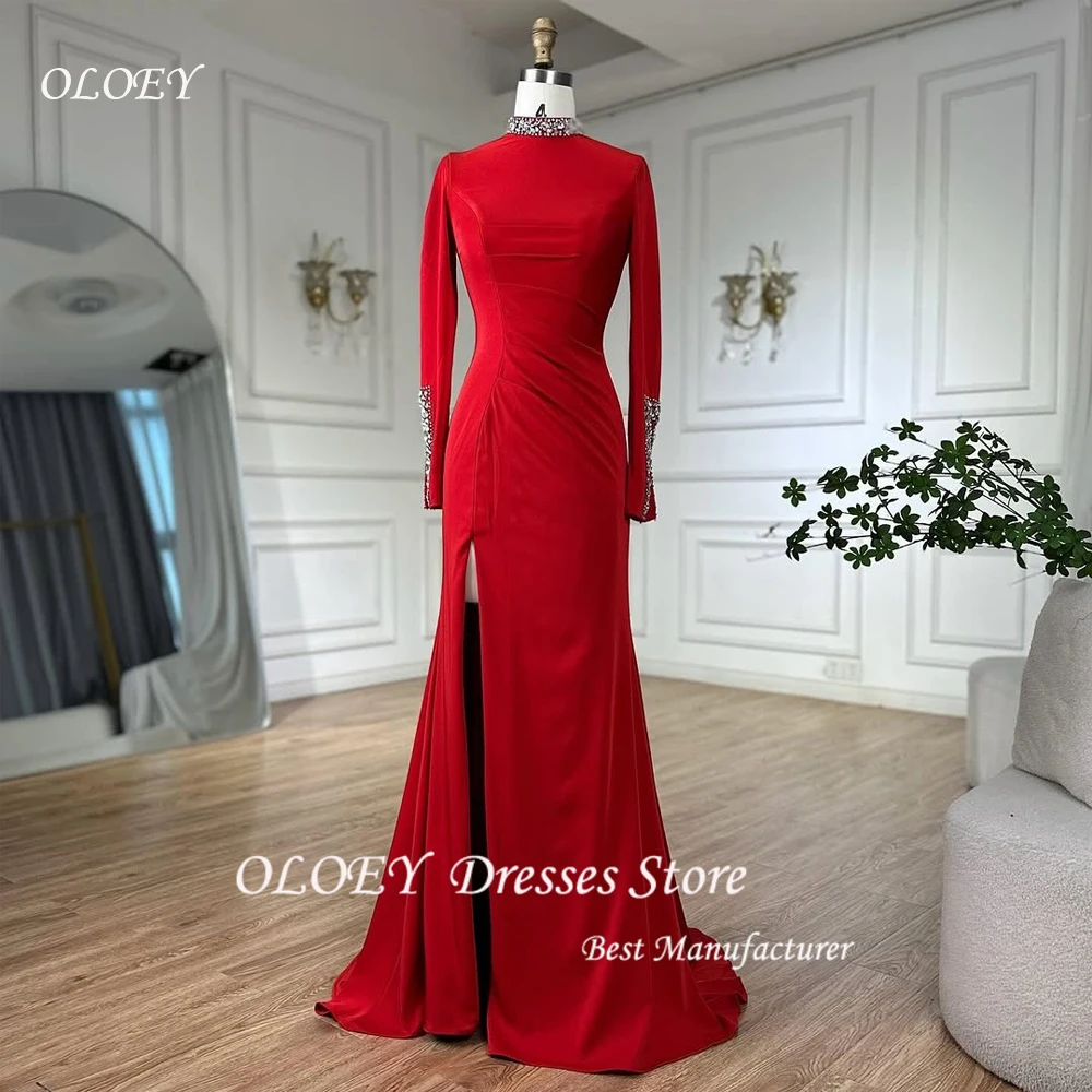 

OLOEY Saudi Arabic Women Red Evening Dresses Long Sleeves Scoop Neck Simple Formal Occasion Party Dress Event Gowns Customised