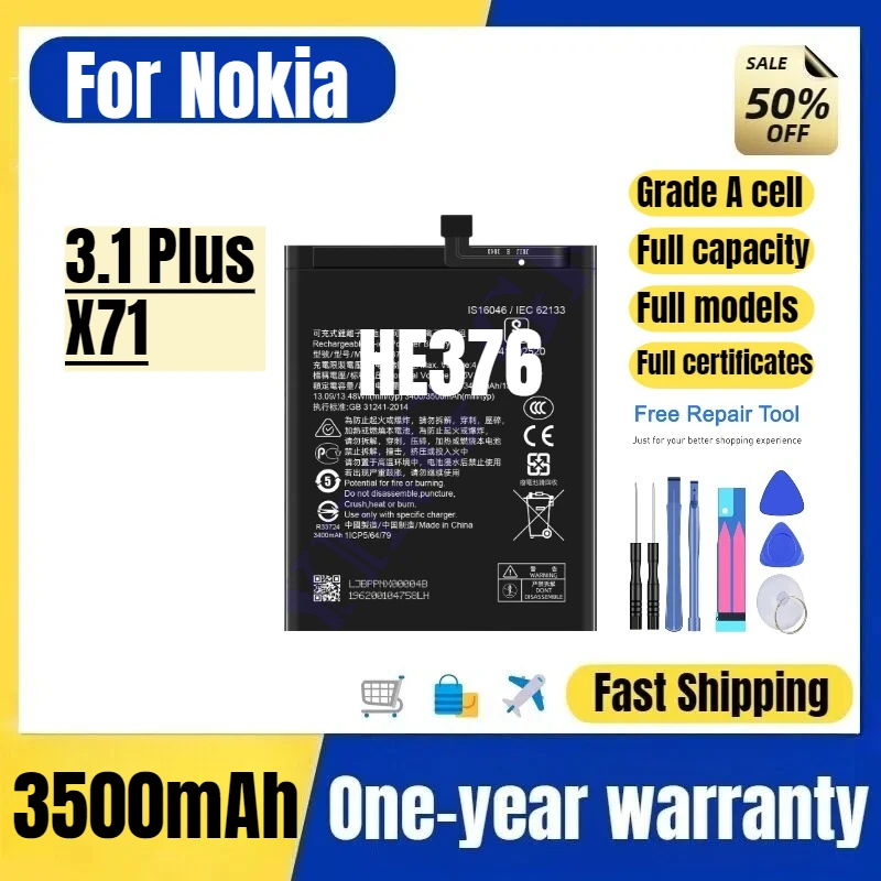 

HE376 for Nokia 3.1 Plus/X71 Mobile Phone Battery High Quality High Capacity Battery Replacement Bateria Grade A Cell with Tools