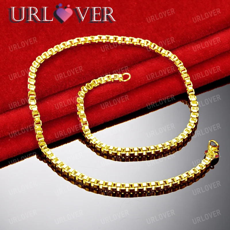 

URLOVER 18K Gold Necklaces 925 Sterling Silver 4mm Square Box Chain Necklace For Woman Men Fashion Party Wedding Jewelry