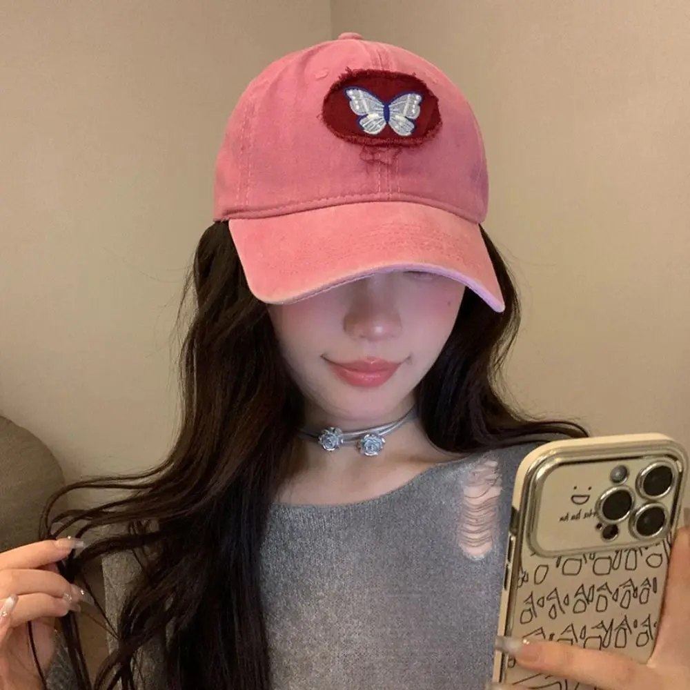 قبعة الحماية من الشمس، قبعة بيسبول مطرزة على شكل فراشة، قبعة شمس رقيقة، قبعة بيسبول قطنية بسيطة للربيع/الصيف