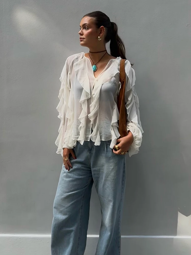 HH Women Spring Autumn Elegant V-Neck Temperament Blouse Female Loose Single-Breasted Long Sleeves Laminated Decorative Shirts