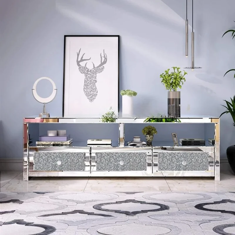 Modern 3 Drawer Mirrored Crystal Stand Silver TV Console Table Cabinet For Living Room Hotel Furniture